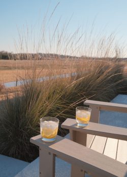 Two glasses containing ice and lemon slices sit on the armrests of wooden chairs on a patio, overlooking a grassy field under a clear blue sky. Glasses with ice and lemon on wooden chairs on a patio, overlooking a grassy field.